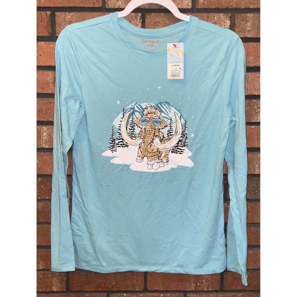 Cat & Jack Boys Light Blue Wooly Mammoth Graphic Long Sleeve Tee Shirt L 12/14